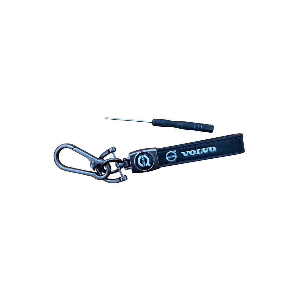 Volvo Black Leather Keychain Gunmetal Carabiner Key Fob Ring with Tool Accessory